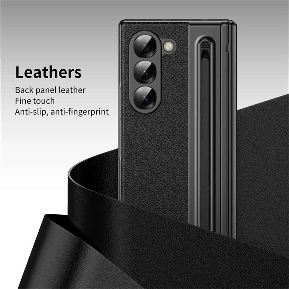For Samsung Galaxy Z Fold 7 6 5 4 3 Leather Hinge Phone Case Outer Screen Glass S Pen Slot Protective Cover for Galaxy Z Fold 7