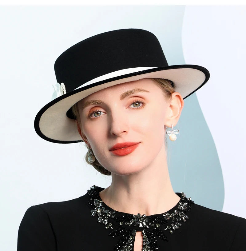 Women's Black/White Flat Top Wool Felt Fedora Hat with Flower Faux Pearl Detail Winter Dress Cap Stylish French Millinery