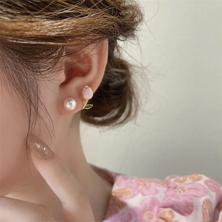 Sweet Fashion Enamel Pearl Tulip Flower Stud Earrings for Women Korean Temperament Zircon Back Hanging Earring Wedding Jewelry