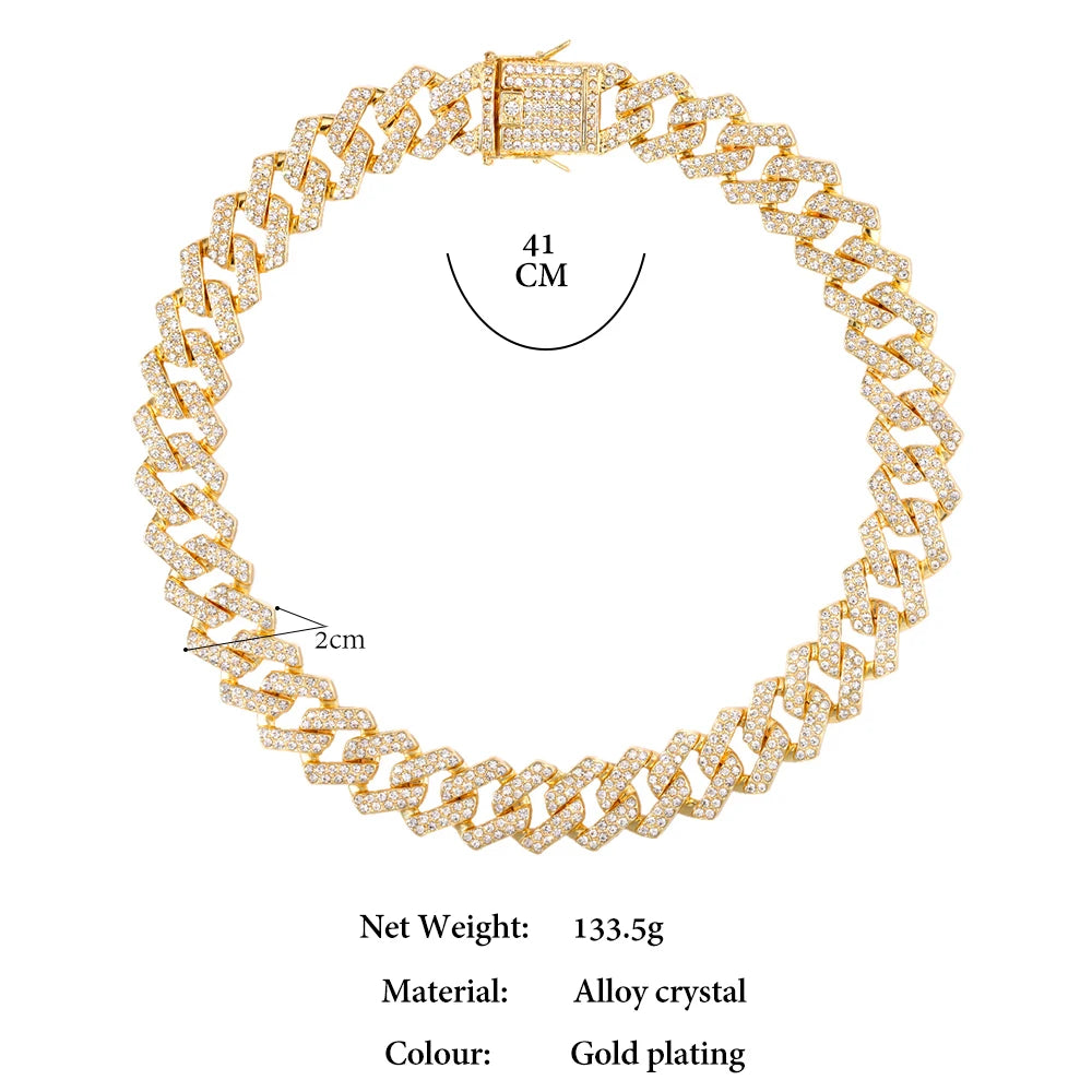 Hip Hop Men Iced Out Chain Prong Rhombus Cuban Link Necklace 14/20MM width Gold Silver Color Thick Cuban Chain Necklace Jewelry
