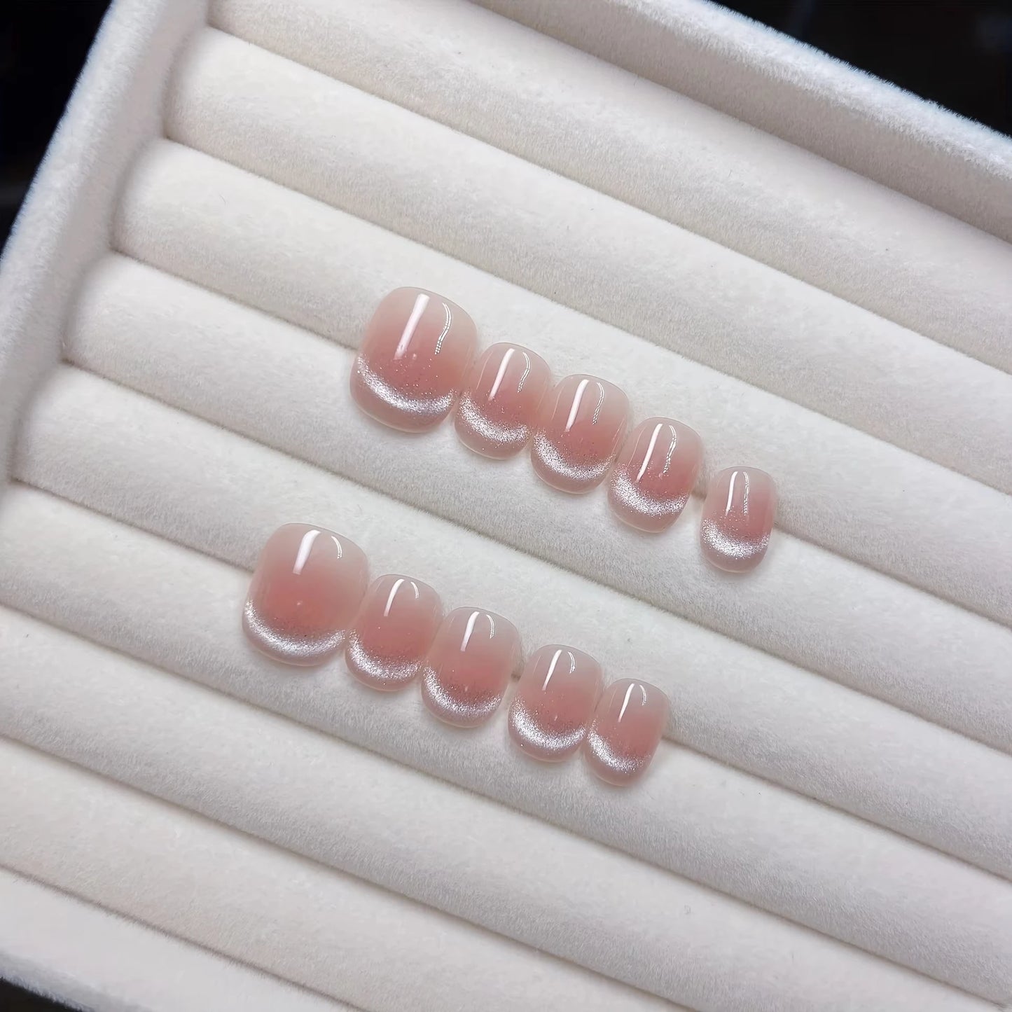 10pcs Handmade Press on Nails Plaid Pearl French Cat's Eye Aurora Fishtail Full Coverage Nail Tip for Women&Girl Removable Nail