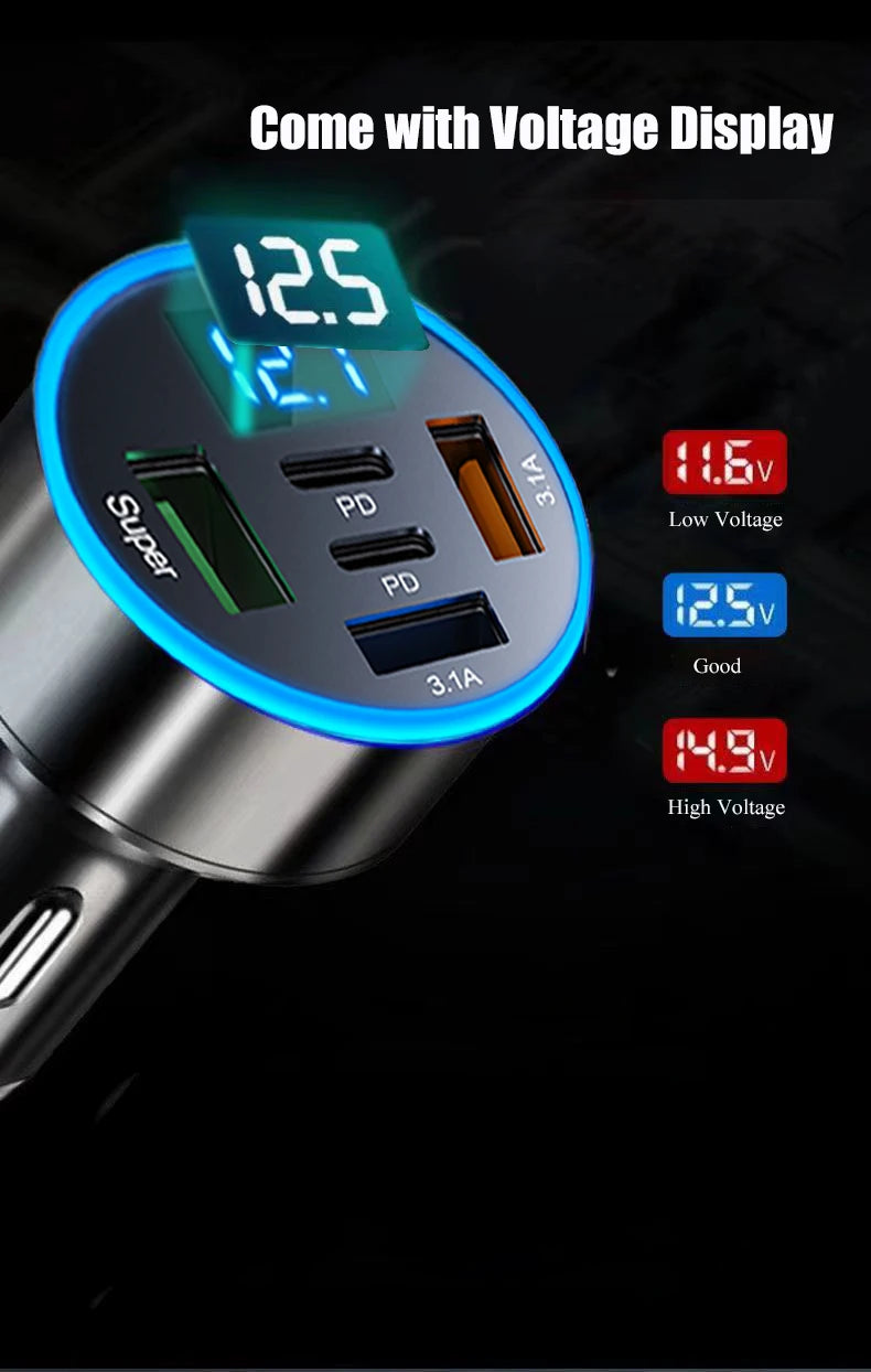 UYUXIO 5 in 1 USB Car Phone Charger Adapter with Voltage Display Dual PD Port Super Fast Charge for iPhone Samsung Huawei OPPO