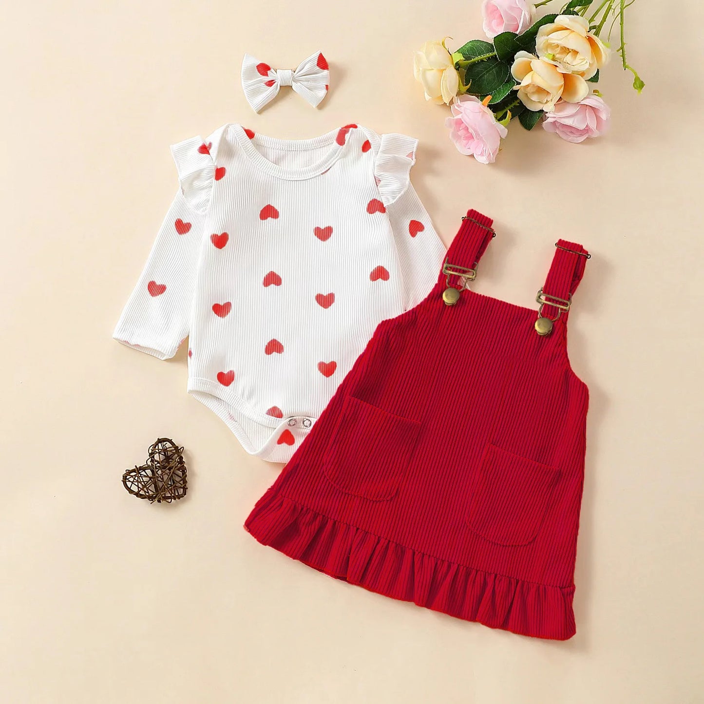 Cute Baby Girl Dress - Soft Corduroy Fly Sleeve Two Piece Straps Floral Printed Bow Dress for Spring and Fall Outdoor Play