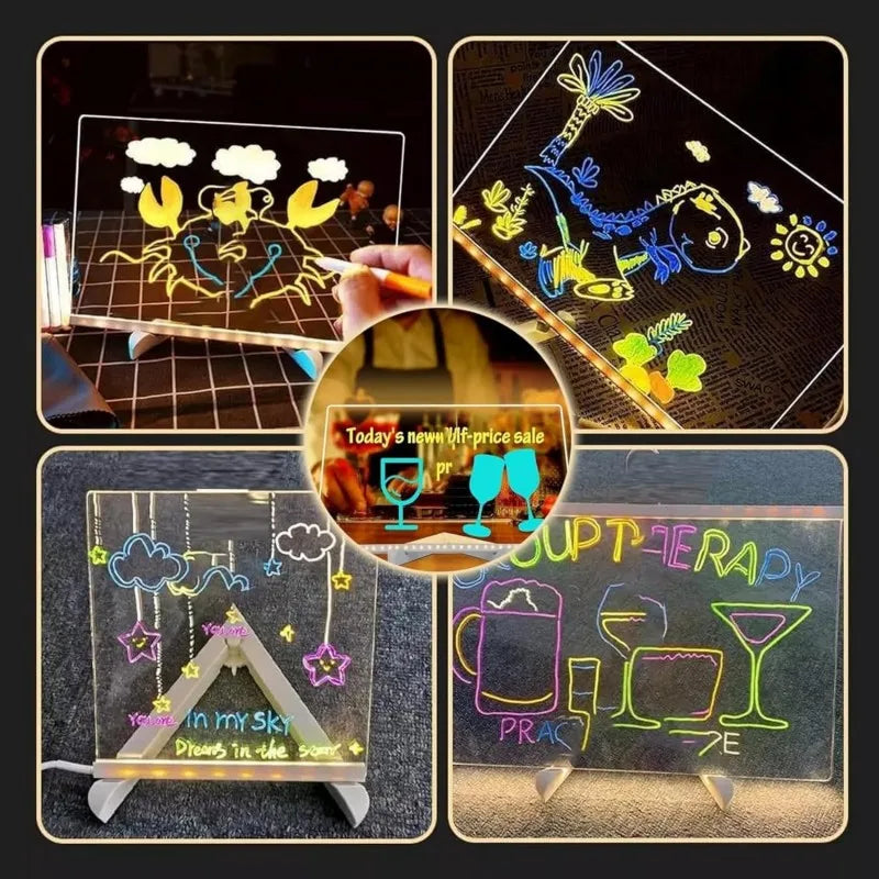 Light Up Acrylic Message Board Rewritable DIY Children's Glowing Drawing Board Message Lamp With 7 Colorful Pens