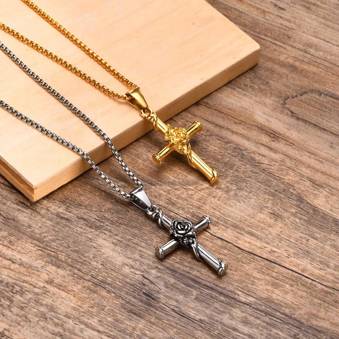 Vnox Men Cross Necklace, Stainless Steel Rose Cross Pendant with Box Chain, Unisex Cool Crucifix Jesus Faith Aesthetic Collar