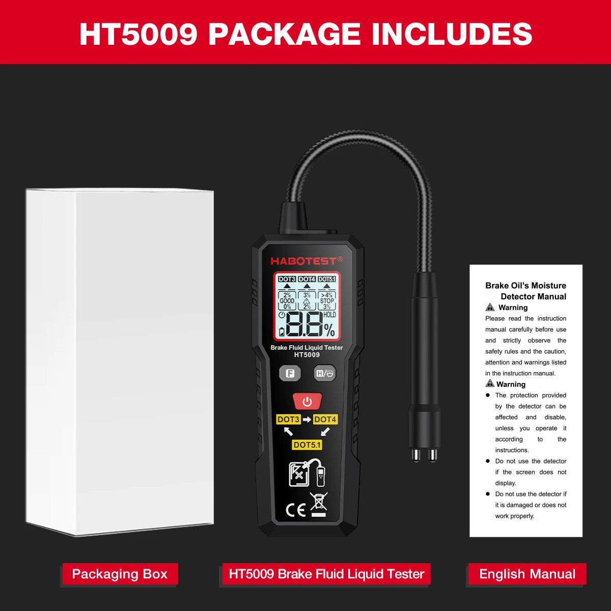 Digital Brake Fluid Tester Auto Car Brake Oil Moisture Detector DOT3/DOT4/DOT5.1 with Backlight Flexible Probe Brake Oil Tester