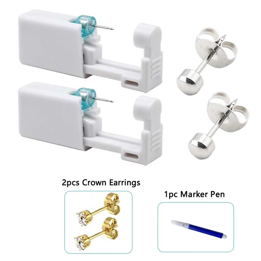2PCS Disposable Ear Piercing Gun with Built-in Ear Studs & 2pcs Cubic Zirconia Earrings-For Home Use Ear Piercing Kit