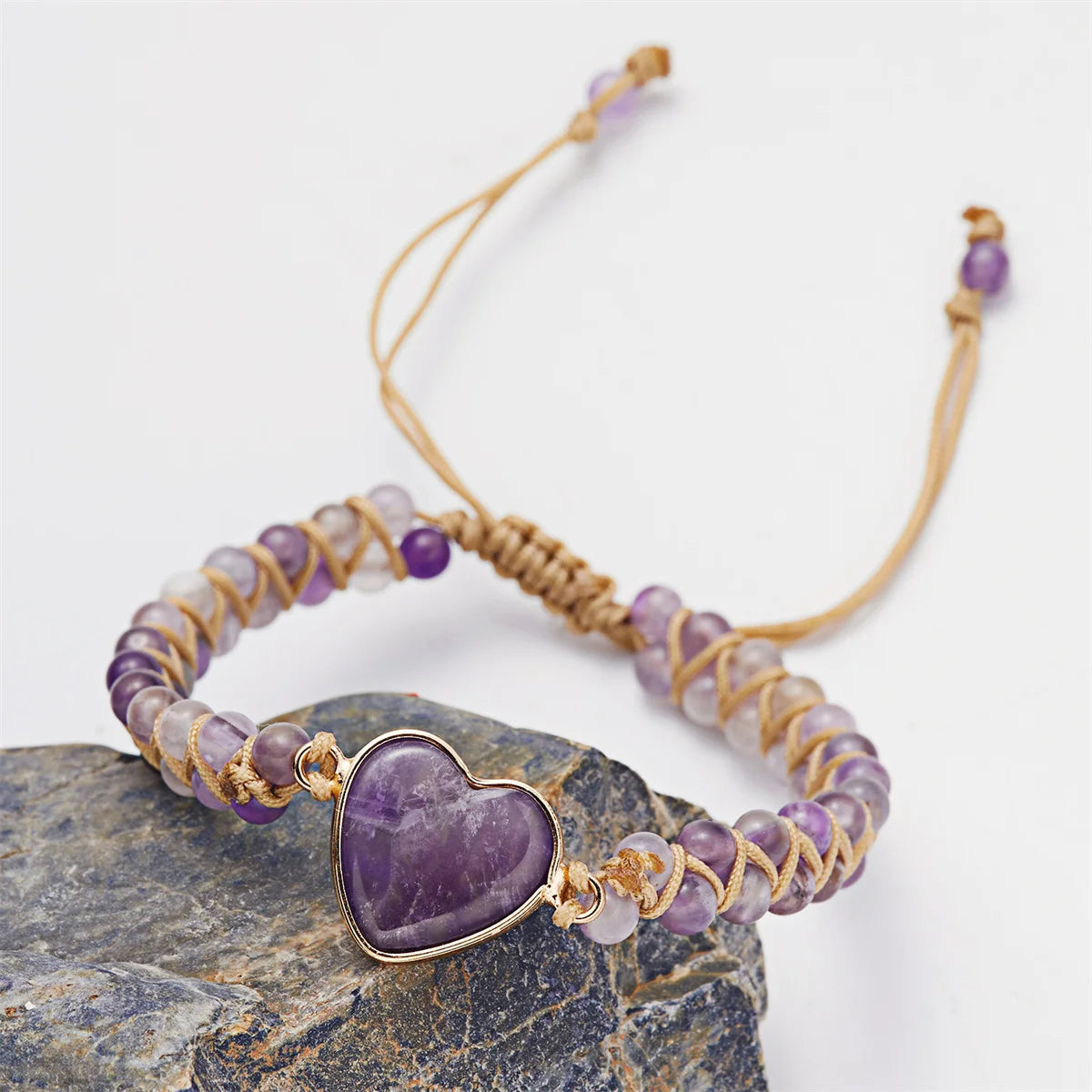 Handmade Natural Stone Bracelet Women Fashion Heart Purple Agates Beads Charm Braided Bracelets Boho Yoga Wrap Bangles Jewelry