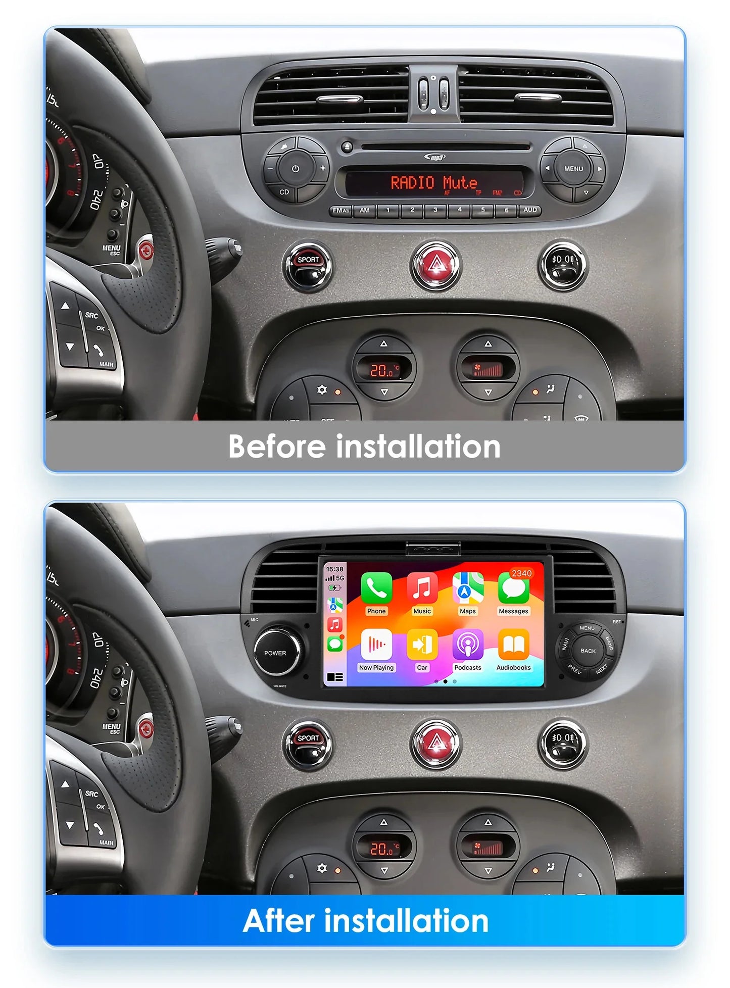 Junuse 7" Wireless Android Auto Carplay For Fiat 500 2007~2015 Android 13 Carplay GPS Navigation Multimedia Player White Black