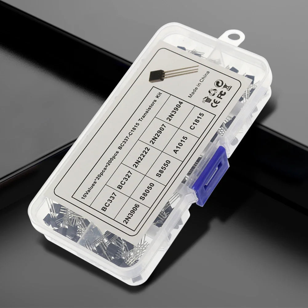 200Pcs Transistor Kit BC327 BC337 2N2222 2N2907 2N3904 2N3906 S8050 S8550 A1015 C1815 PNP/NPN 10 Values TO-92 Transistors Set