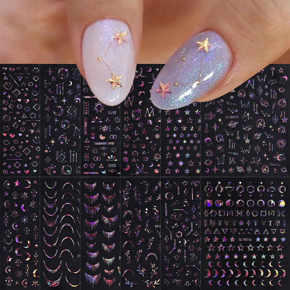 12Pcs Gold/Silver Tasse/Line/Star/Moon 3D Nail Art Stickers Leaf/Geometric Design Self-adhesive Sliders Luxury Manicure Decals