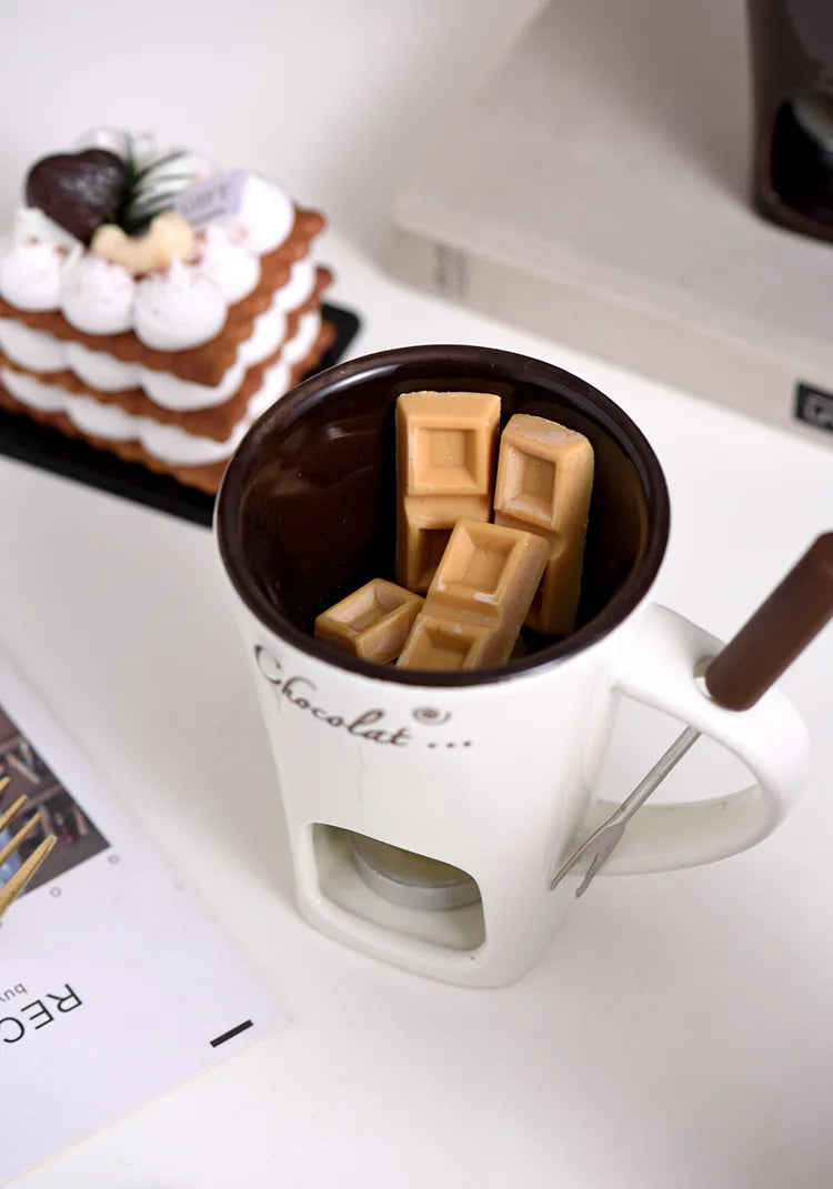 Chocolate Melting Cup Ceramic Fondue Cups with Fork Coffee Mug Chocolate Cooking Pots for Dessert Cheese Butter Melter Cup Gifts