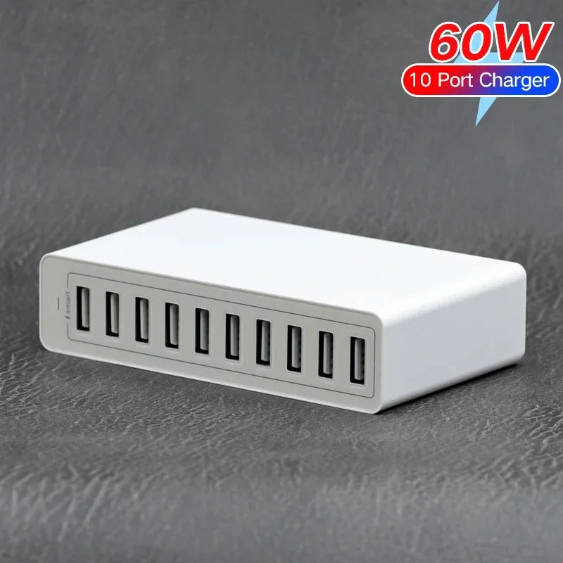 60/65W USB Charger Station 10 Port Desktop USB Fast Charger for Smart USB Charger for Multiple Devices Smart Phone Tablet Laptop