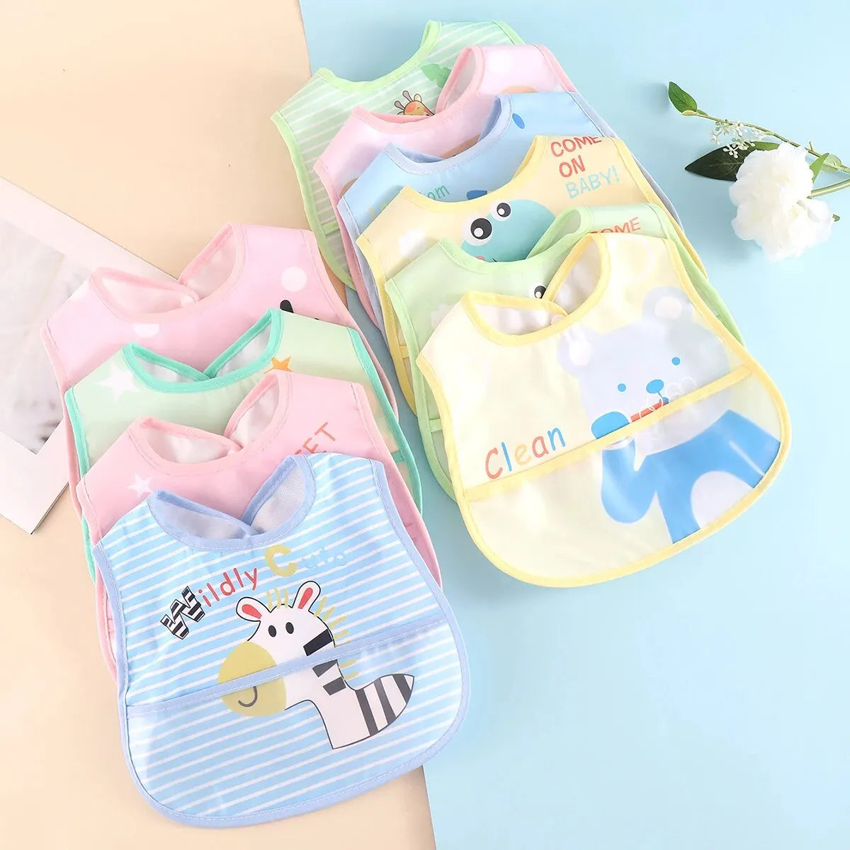 Random 5pcs Cartoon Animals Waterproof Bibs Baby Kids Girls Boys Waterproof Saliva Toddler Feeding Bibs Baby Bibs Aprons Adjusab