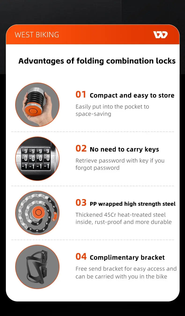 WEST BIKING Folding Bike Lock Combination Anti-theft Lock Portable E-Bike Heavy Duty Chain Lock Bicycle Cycling Accessories