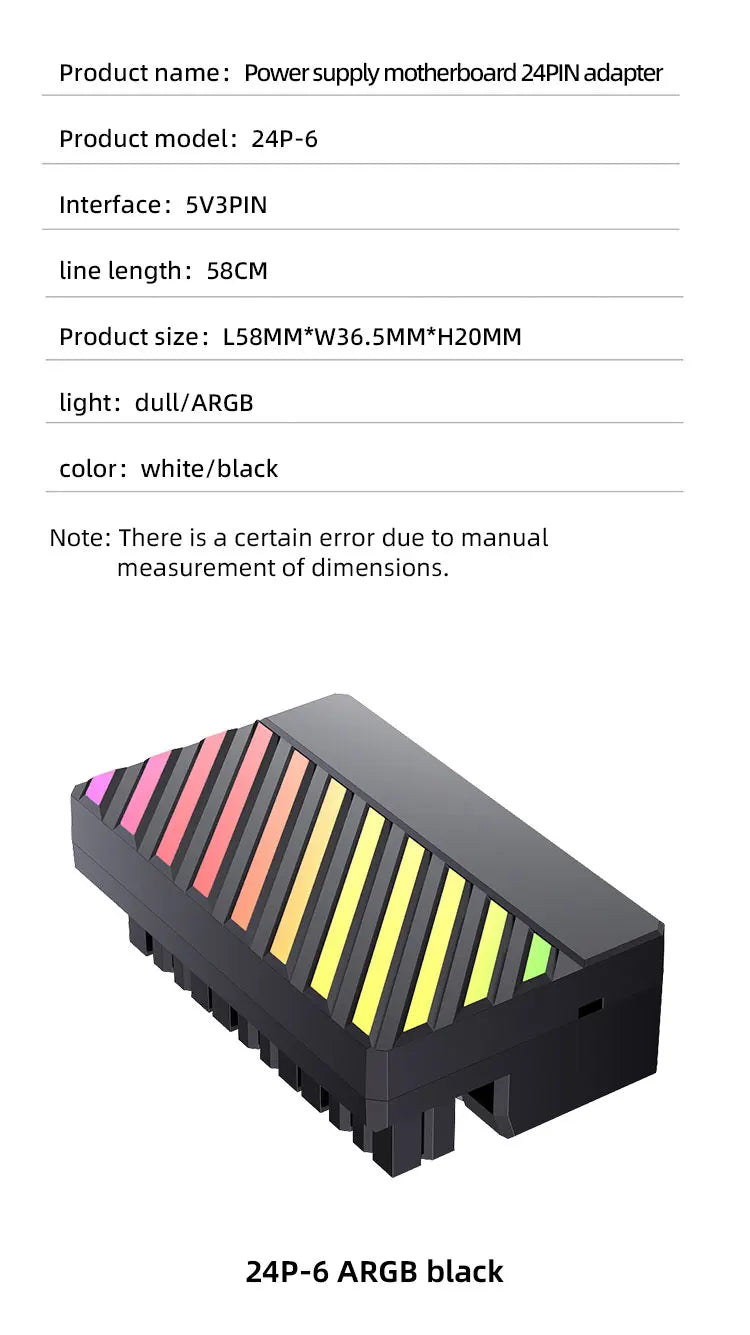TEUCER ATX 24Pin ARGB Adapter, 90° RGB Power Cord Adapter for Computer Motherboard Power Supply