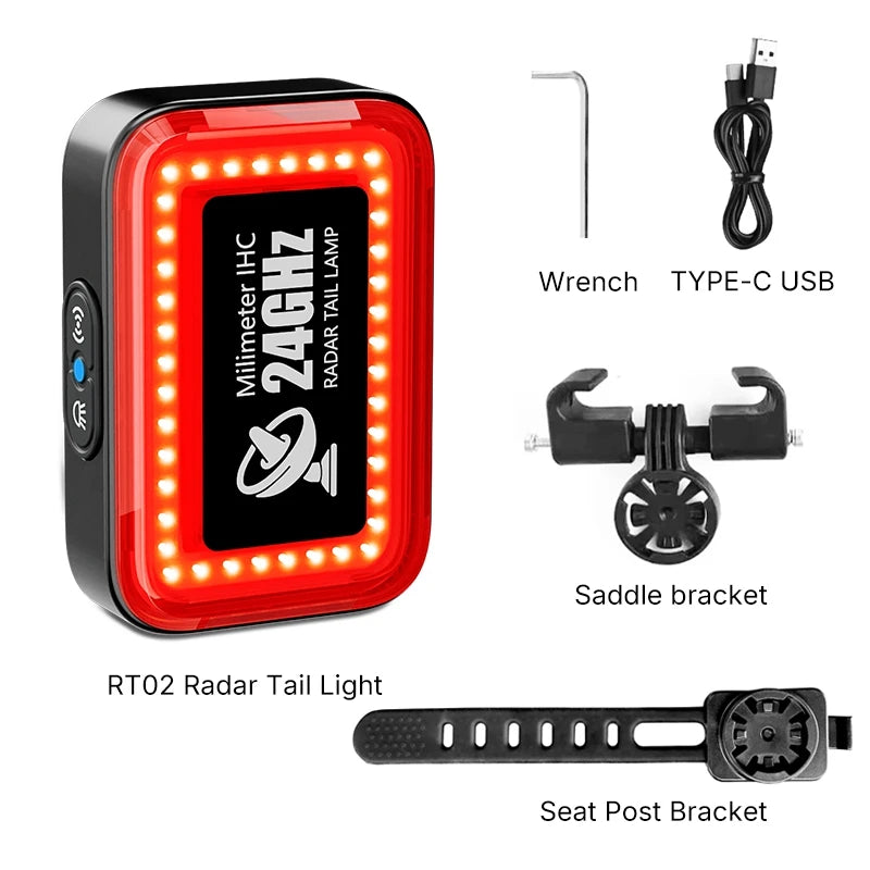 CYCLAMI Bicycle Intelligent Radar Taillight Bike Smart Brake Sensing Rear Lamp with Beeper Alarm Cycling Safety Tail Light RT02