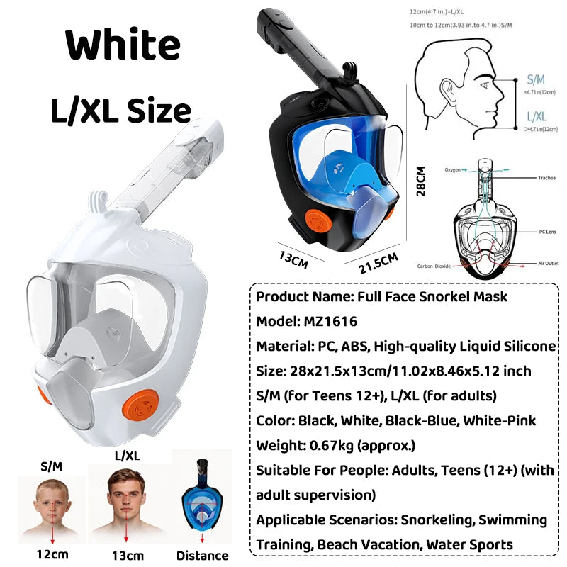 Full Face Snorkel Mask 180° Panoramic View Dry Top Snorkel Anti-Fog Leak-Proof Safe Breathing Swimming Diving Gear for Adults