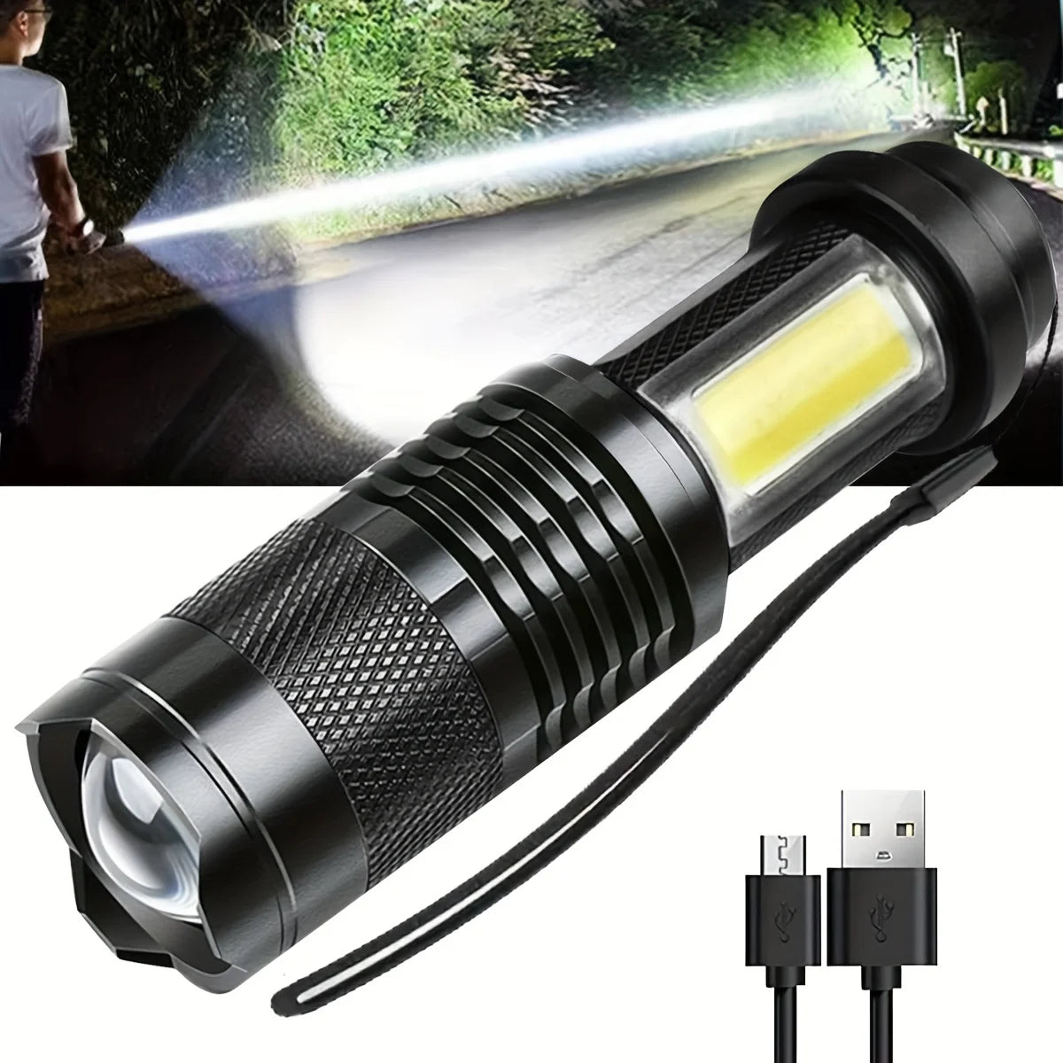 High Power LED Flashlight Rechargeable Zoom Strong Camping Outdoor Torch Aluminium Alloy With Battery COB Side Lights 3 Modes