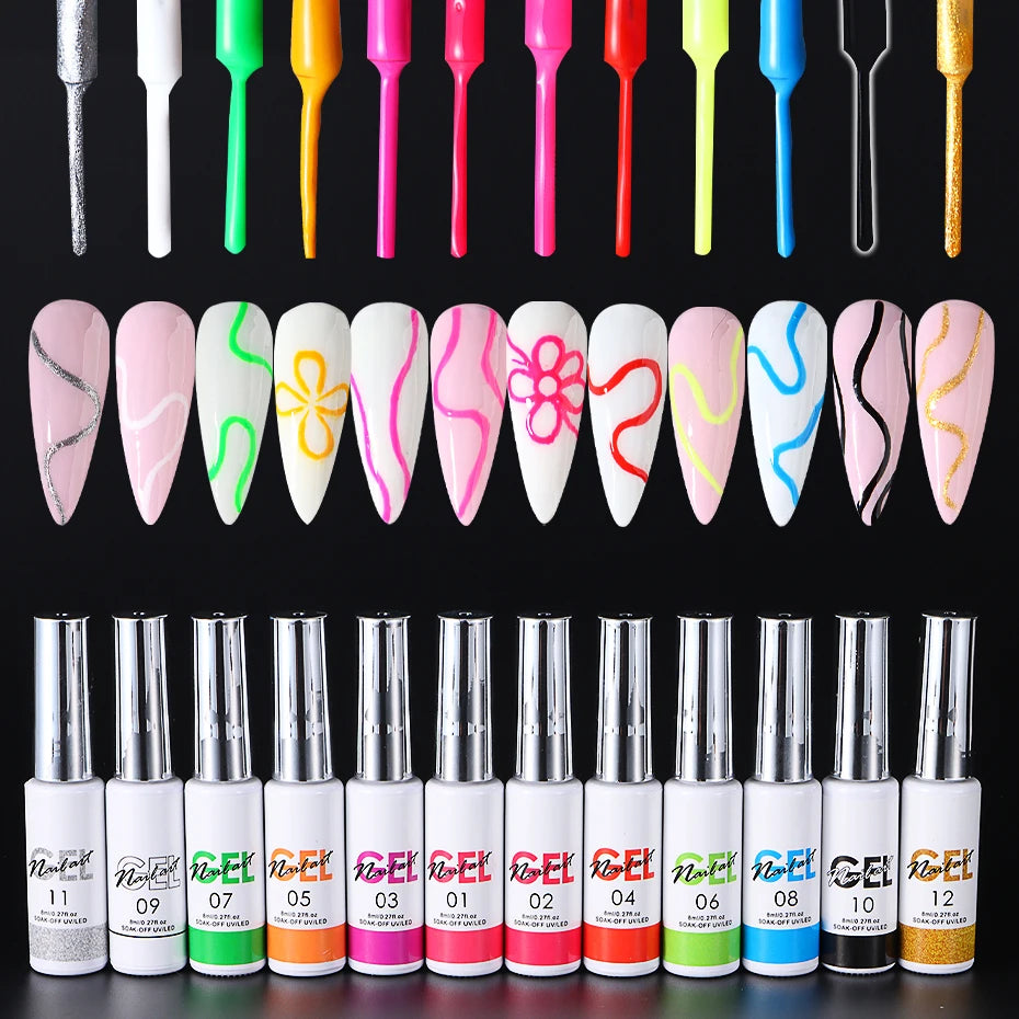 12Color 8ml Metallic Spider Gel Line Painting Gel Nail Polish Set French Line Design 3D Varnish For DIY Drawing Manicure Art