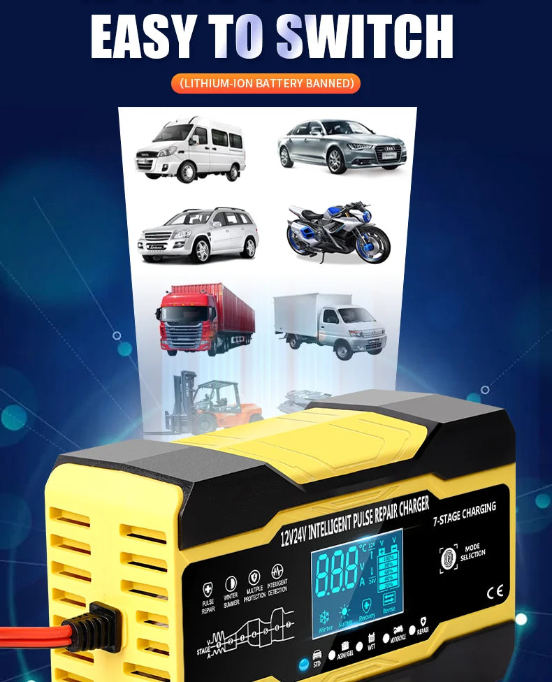 12V-24V Car Battery-Charger Full Automatic 12V 10A Digital Car Battery Charger Pulse Repair for AGM GEL WET Lead Acid