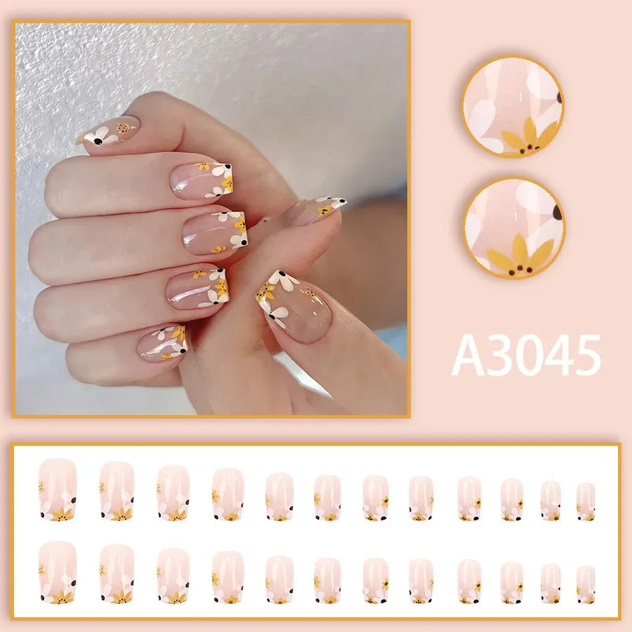 Watercolor Rose Fake Nail with Jelly sticker Press on False Nails Wearable Round Head Oval Full Cover Nail Tips