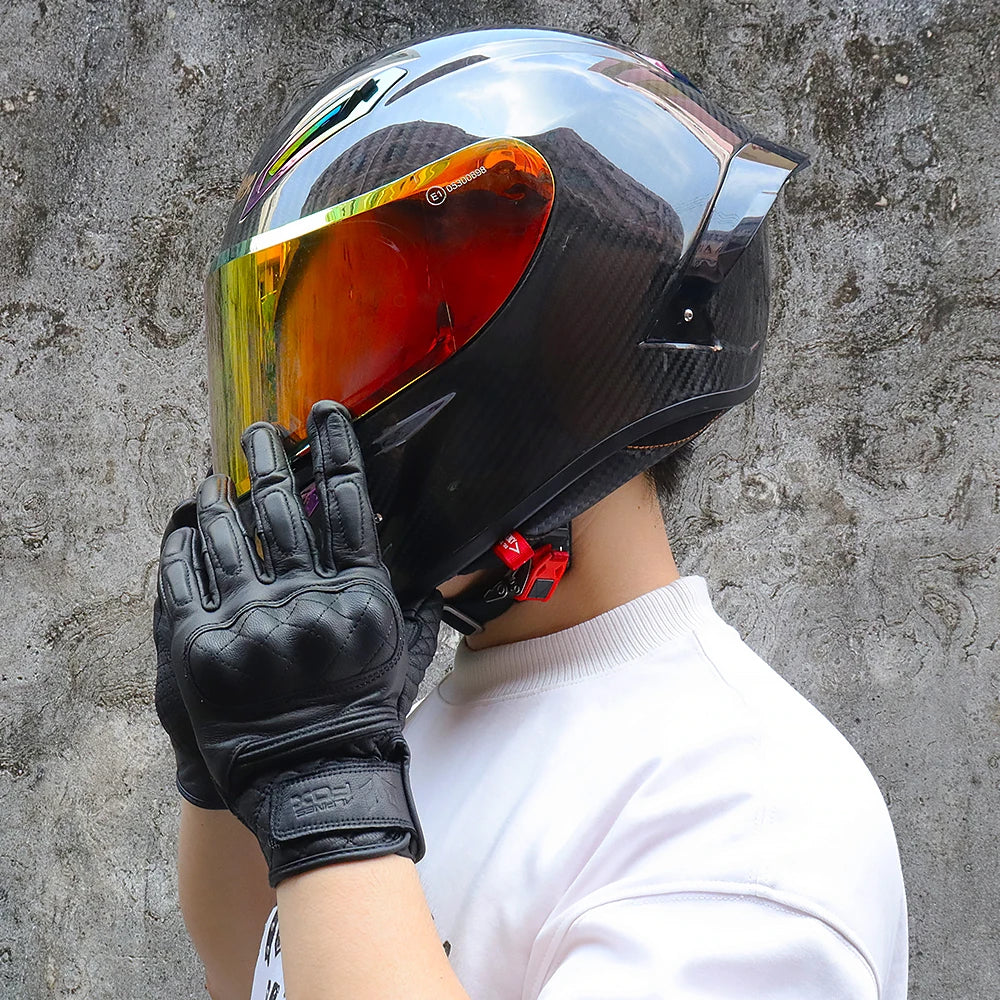 Vintage Leather Motorcycle Gloves Men Women Wear-resistant Motobike Guantes Touchscreen Anti-slip Retro Motobiker Luvas Yellow