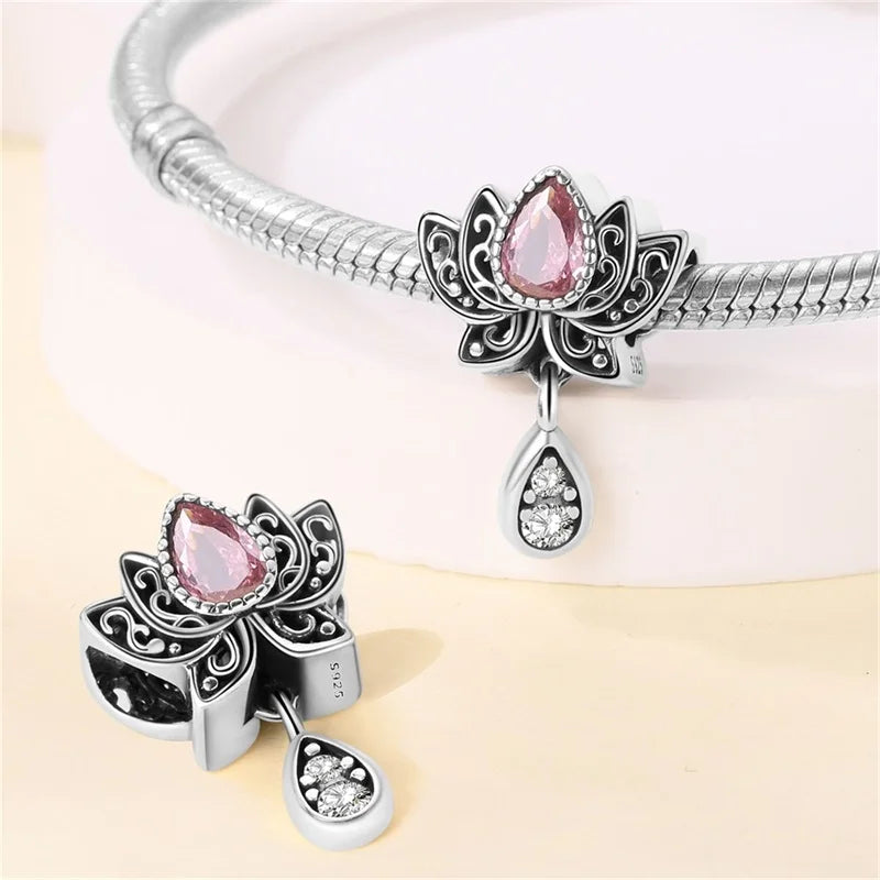 Hot Sale 925 Silver Classic Purple Retro Heart Shape Lotus Angel Pattern Charms Beads Fit 3mm Original Bracelet DIY Jewelry Gift