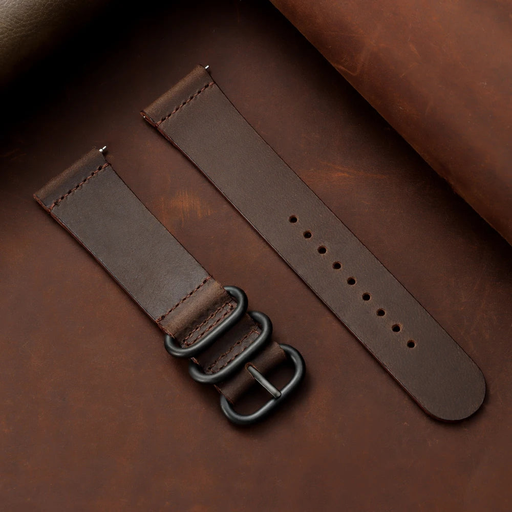20mm 22mm Crazy Horse Leather Watch Band Black Ring Buckle Strap for Samsung Galaxy Watch 7/6/5/4 for Huawei Watch GT 5-4-3-pro