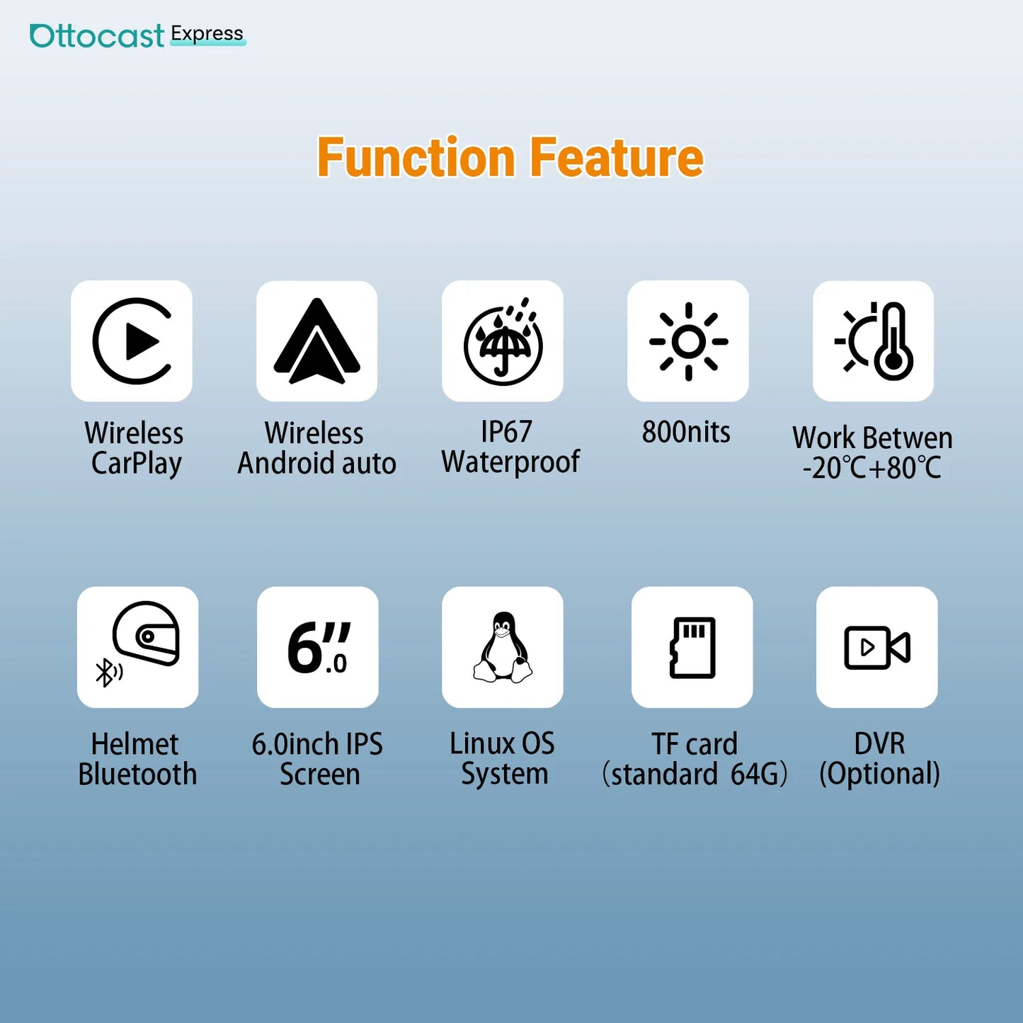 Ottocast 6.0 inch IP67 Waterproof Motorcycle GPS Navigation Wireless Carplay Android Auto DVR Drive Recorder Moto Monitor Wifi