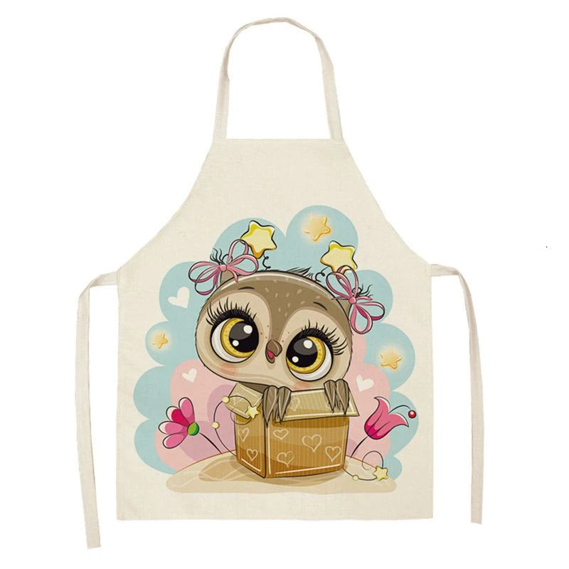 Owl Sleeveless Chef Apron Linen Floral Print Kitchen Decoration Apron Women'S Home Cooking Baked Waist Bib