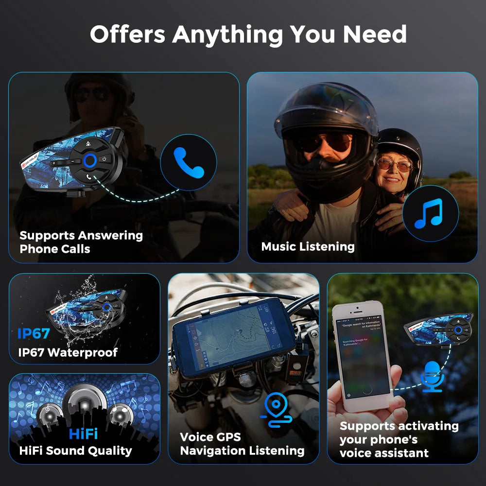 GEARELEC Motorcycle Helmet Intercom Bluetooth Headset 4 Riders 1500M IP67 Helmet Communication System Music Sharing Motorbike