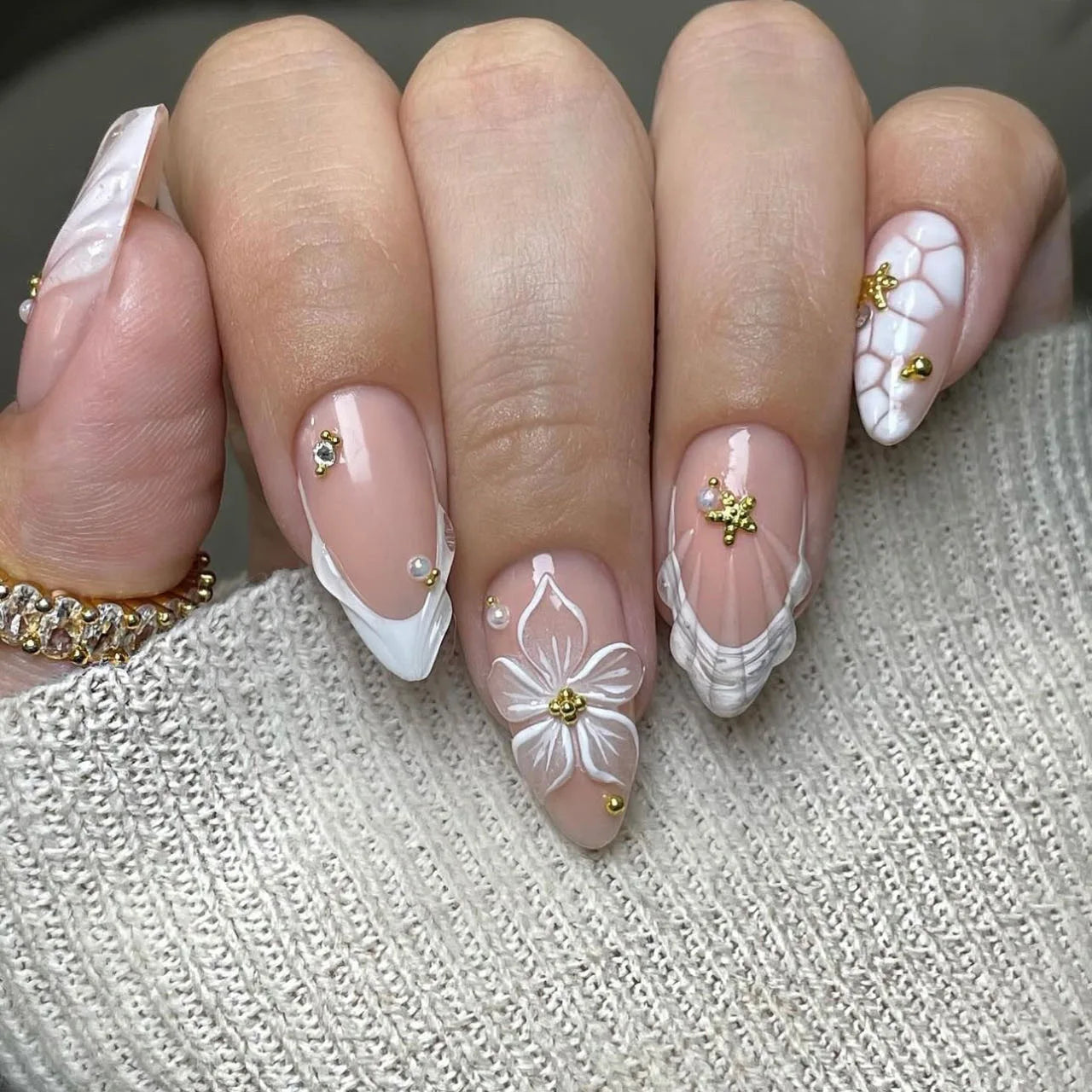 24PCS 3D Sweet Pink Flower Almond Press on False Nails with Yellow French Diamonds Fake Nails Artificial Wearable Tips with Glue