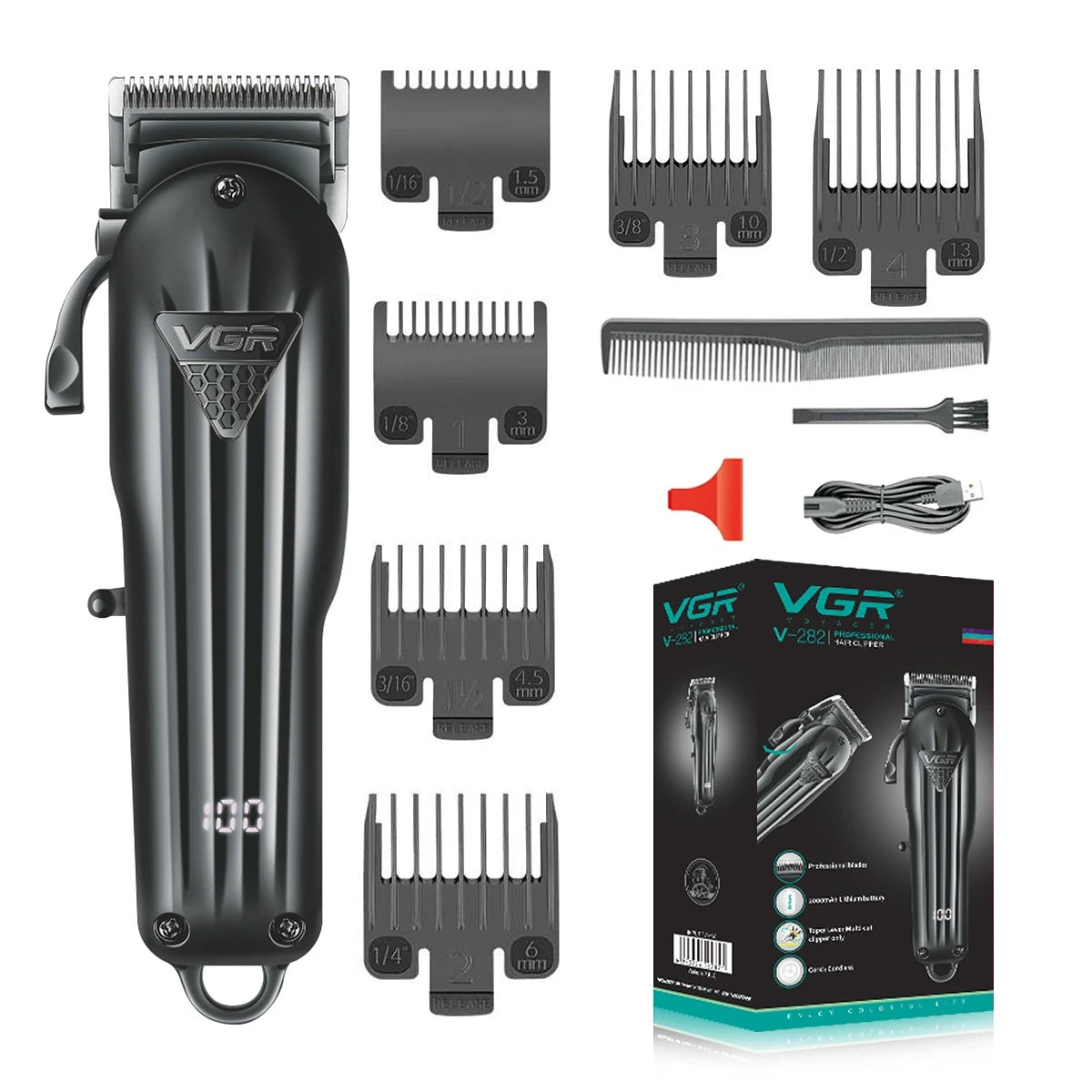 VGR Hair Clipper Professional Hair Cutting Machine Rechargeable Barber Hair Trimmer Cordless Haircut Clipper for Men V-282 V-982