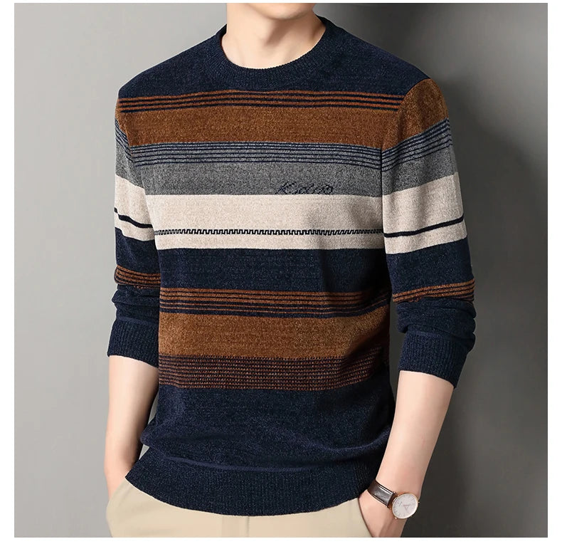 Mens Thickened Sweater Stripe Velvet Pullover Men's Winter Clothes Elegant Luxury Brand Fashion Knitted Sweaters