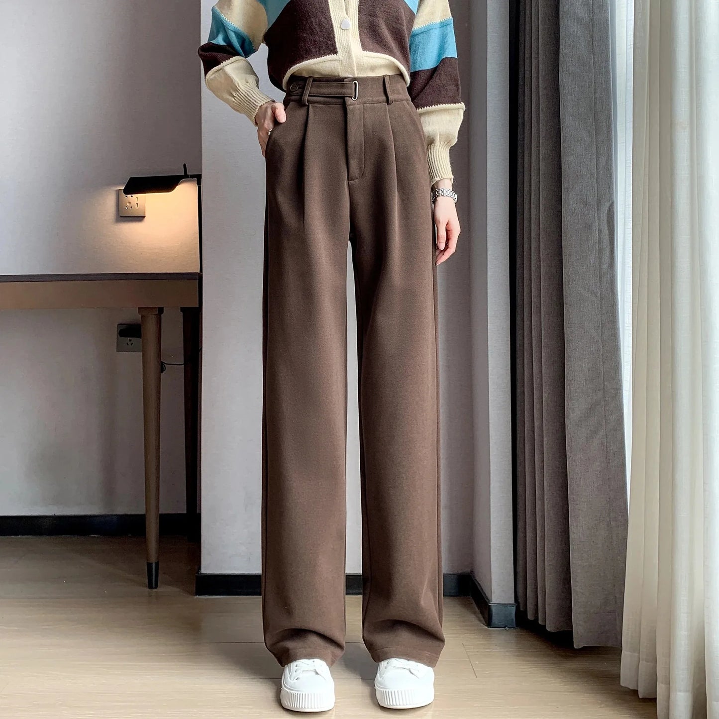 Fashion women's straight leg pants loose casual wide leg pants women straight leg small stylish senior all match all match pants