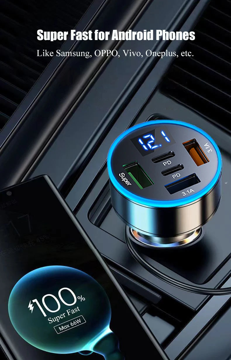 UYUXIO 5 in 1 USB Car Phone Charger Adapter with Voltage Display Dual PD Port Super Fast Charge for iPhone Samsung Huawei OPPO