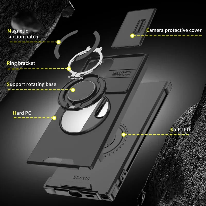 Case For Samsung Galaxy S25 Note 20 Ultra Plus A56 A36 A26 A05 A05S Slide Camera Protect Magnetic holder Armor Shockproof Cover