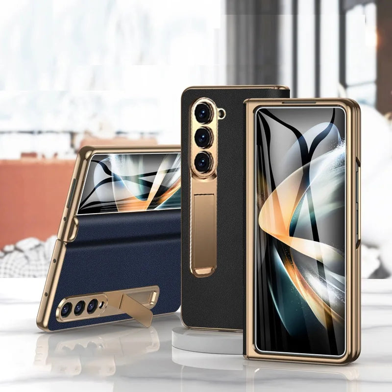 Luxury Leather Cover For Samsung Z Fold 7 6 5 Case Plating Stand Hinge Front Glass Screen