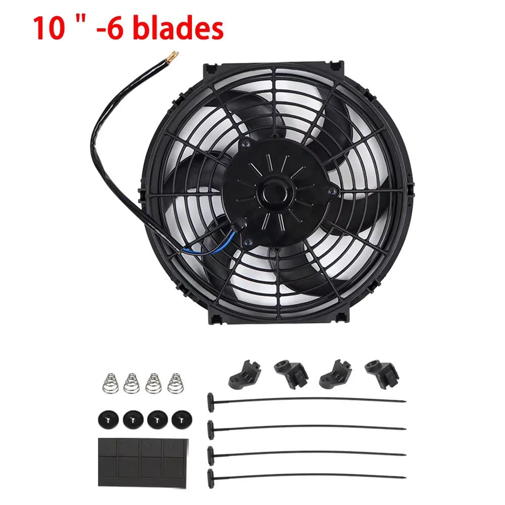 Universal 7/9/10/12/14/16 Inch 12V 80W 2100RPM Car Air Conditioning Cooling Fan Blade Cool Mounting Kit CF-1001 Black CF-1001