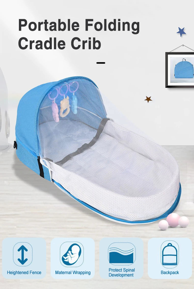 Portable Foldable Baby Crib with Mosquito Net Travel Backpack Playpen for Newborns 2-12 Months Multi-Function Baby Bed with Toys