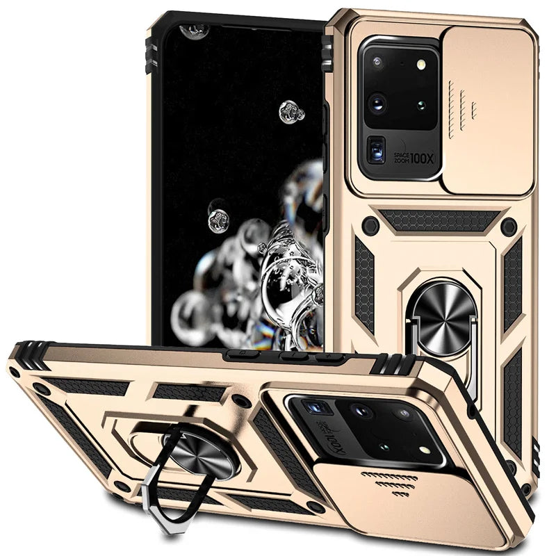 Silde Lens Armor Shockproof Phone Case For Samsung Galaxy S20 Ultra S20 Plus S 20 FE S20+ Magnetic Car Holder Ring Protect Cover