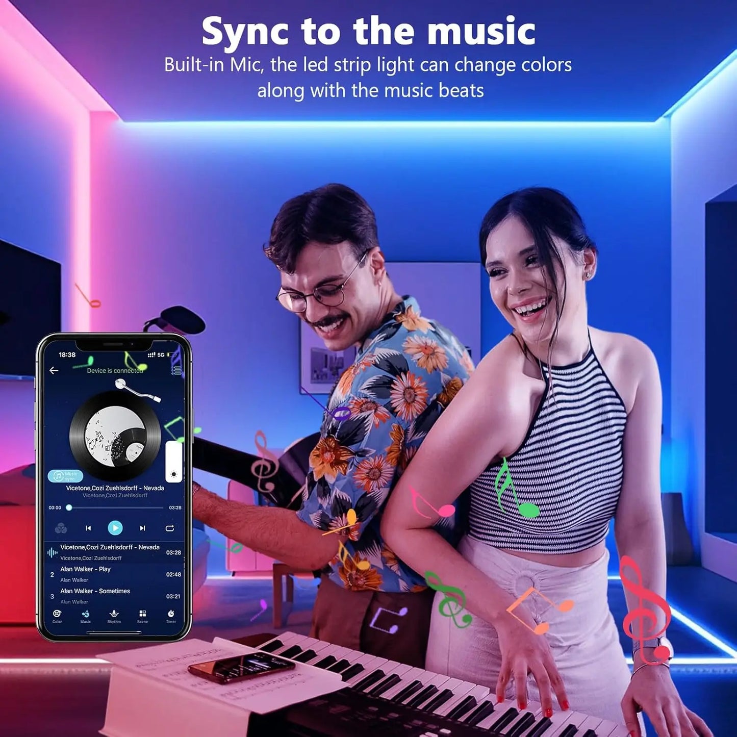 Intelligent LED strip lights-color change, music synchronization, application control, remote control, RGB-suitable for room dec