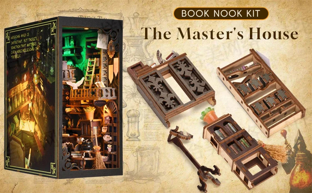 Book Nook Kit,DIY Miniature Dollhouse Booknook Kit,3D Wooden Puzzle Bookend Bookshelf Insert Decor LED Light for Teens Adults