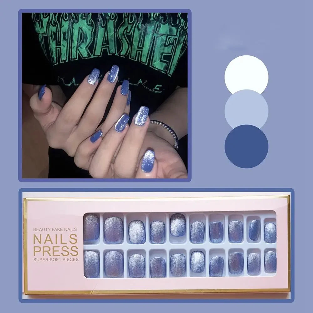 24Pcs Short Square Head False Nails Wearable Cat eye Glitter Sequins Diamond Fake Nails Full Cover Nail Tips Press On Nails