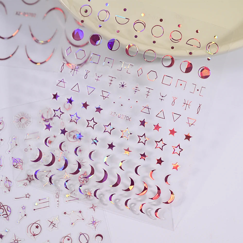 12Pcs Gold/Silver Tasse/Line/Star/Moon 3D Nail Art Stickers Leaf/Geometric Design Self-adhesive Sliders Luxury Manicure Decals