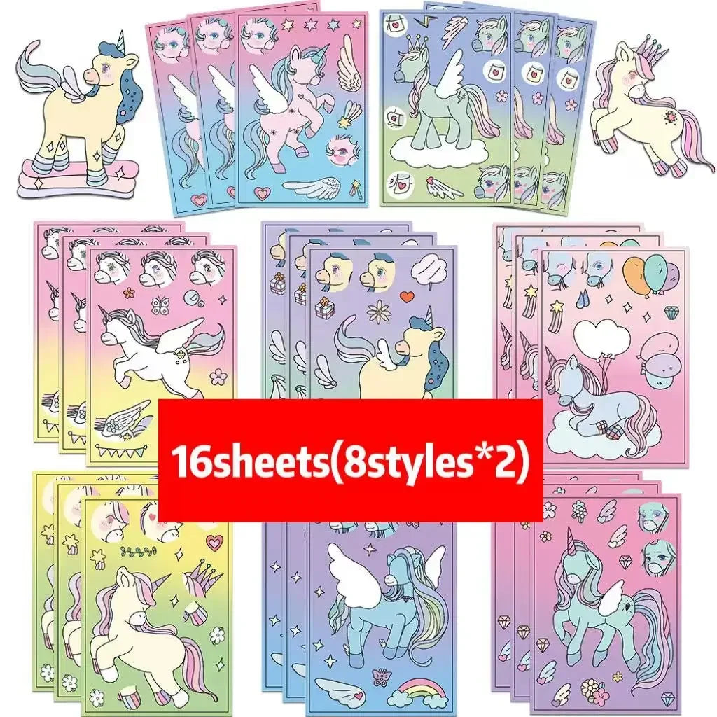 8/16Sheets Disney Micke Puzzle Stickers  Children DIY Make-a-Face Funny Assemble Jigsaw Cartoon Sticker Kids Educational Toys