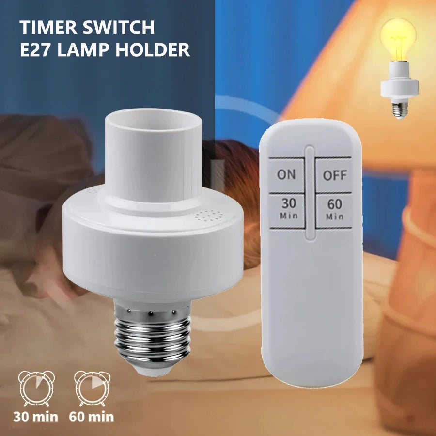 Smart Light Switch Timer Wireless Remote Control E27 LED Lamp Holder Bulb Base Socket ON/OFF 110V-240V 20M Range Battery Powered