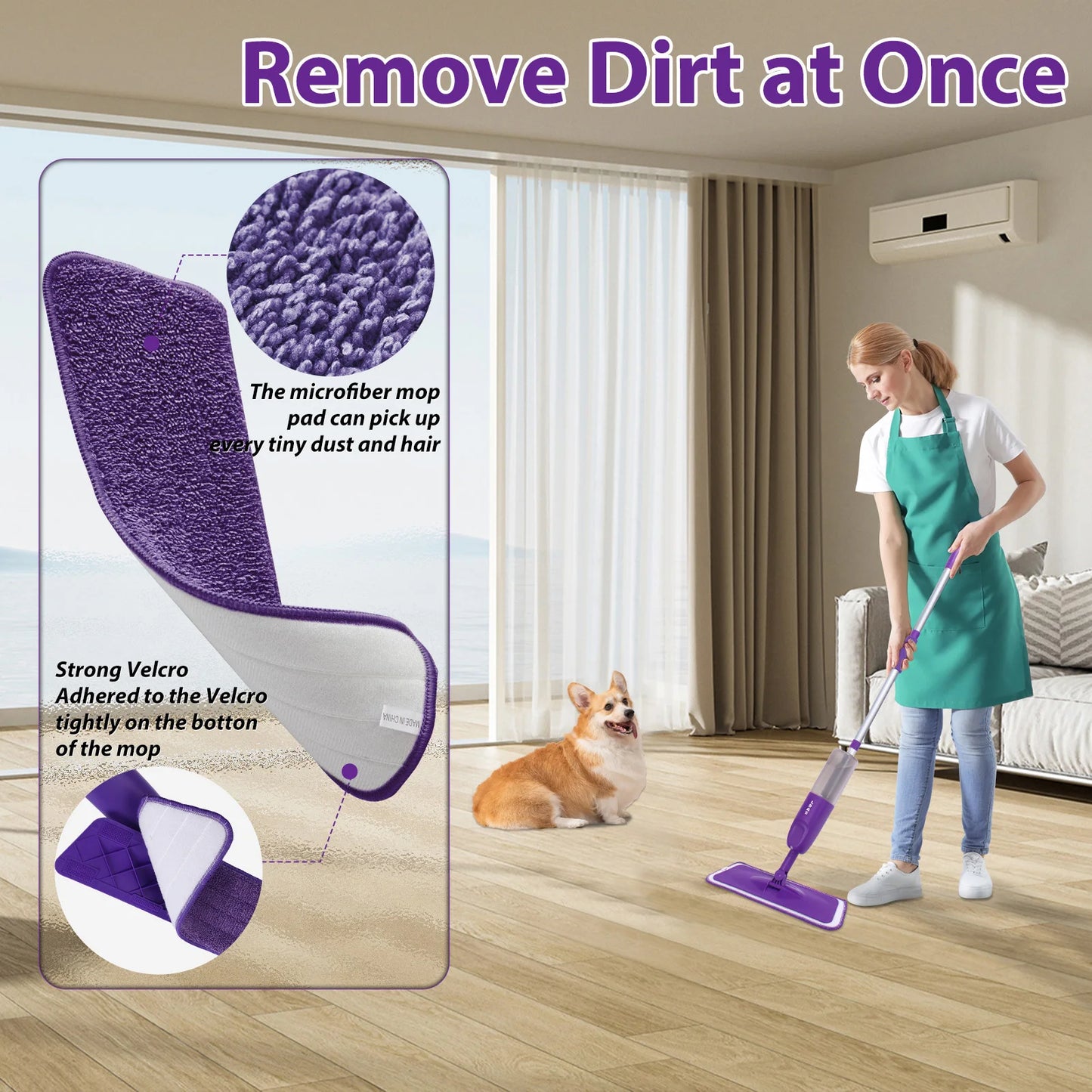 DARIS Spray Mop, 500ml Bottle, 3 Microfiber Mop Pads, Scraper, Mop Clip, Wet and Dry Use, Flat Floor Cleaning Mop