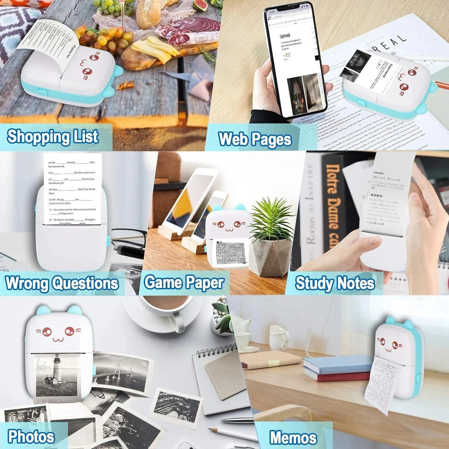 58mm Mini Portable Thermal Printer Cat Shapes Wireless BT 200dpi Photo Label Memo Wrong Question Printing Tag Bluetooth Printer